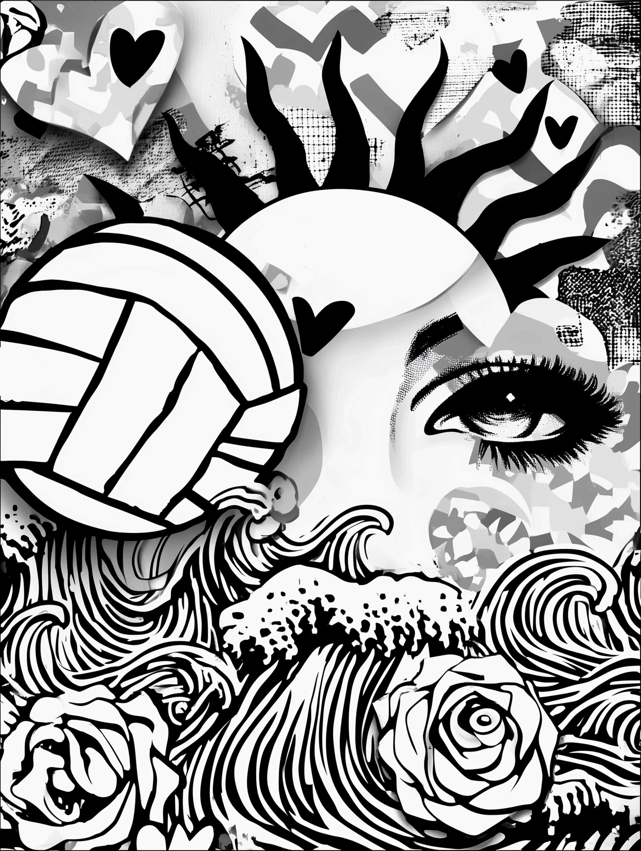 Free printable volleyball coloring page for adults featuring a volleyball floating on the ocean